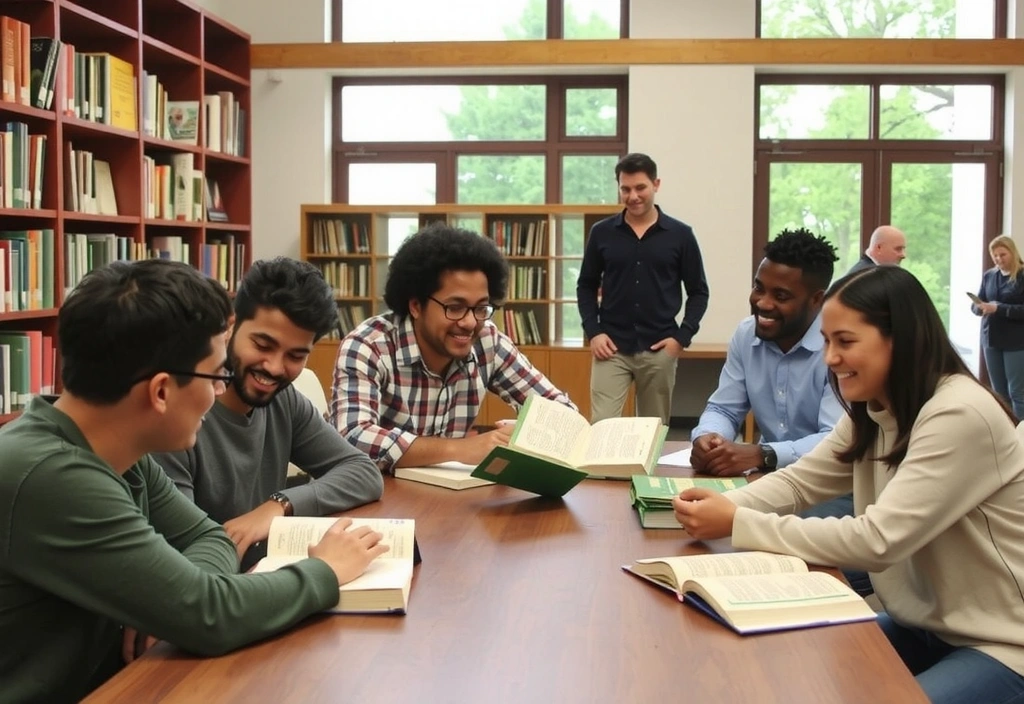 Un groupe de personnes lisant et discutant autour d'une table, symbolisant la communauté et le partage des connaissances